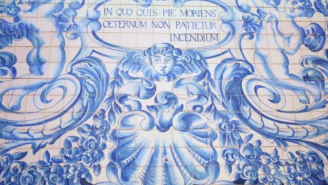 Portuguese azulejo ceramic tile wall. Carmo Church, Igreja do Carmo decor. Portuguese decorative ceramic tiles, azulejos. Porto famous tourism destination.