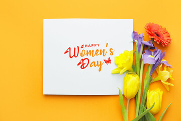 Greeting card for International Women's Day and beautiful flowers on yellow background