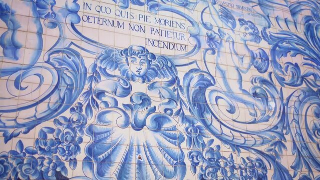 Portuguese azulejo ceramic tile wall. Carmo Church, Igreja do Carmo decor. Portuguese decorative ceramic tiles, azulejos. Porto famous tourism destination.