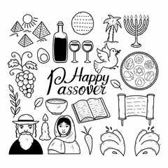 Happy Passover. Religious holiday. Vector doodle set. Hand drawn icon. Black and white drawing. Postcard decor element. Lettering. Beautiful inscription.