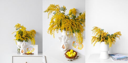 Collage of vase with mimosa flowers, Easter eggs and greeting card on chest of drawers in room