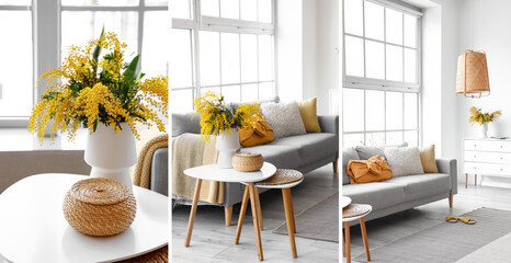 Collage of vase with mimosa flowers in interior of living room - obrazy, fototapety, plakaty