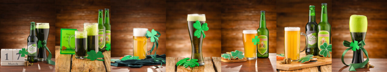 Festive collage for St. Patrick's Day celebration with beer on wooden background