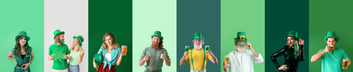 Festive collage for St. Patrick's Day celebration with different people on color background