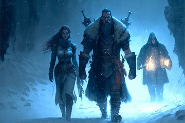 Fictional fantasy characters walking in the snow illustrated using AI generation art