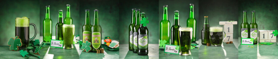 Festive collage for St. Patrick's Day celebration with beer on dark green background
