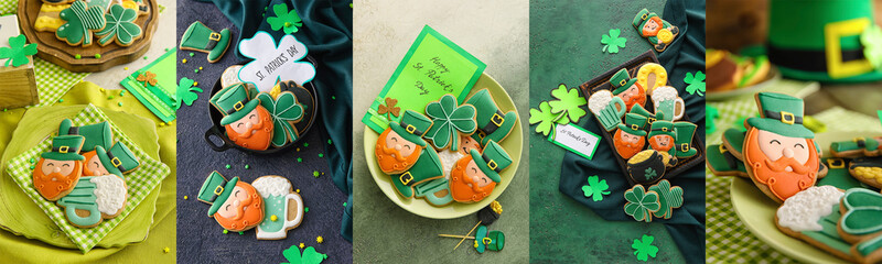 Festive collage for St. Patrick's Day celebration with tasty cookies