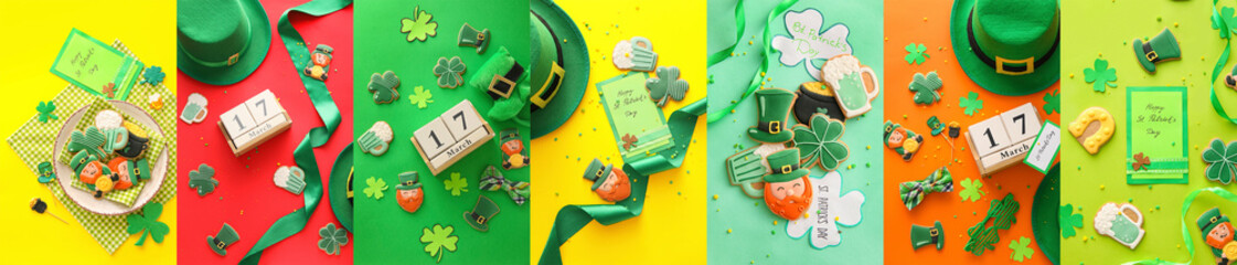 Festive collage for St. Patrick's Day celebration with calendar, greeting card and cookies on color...