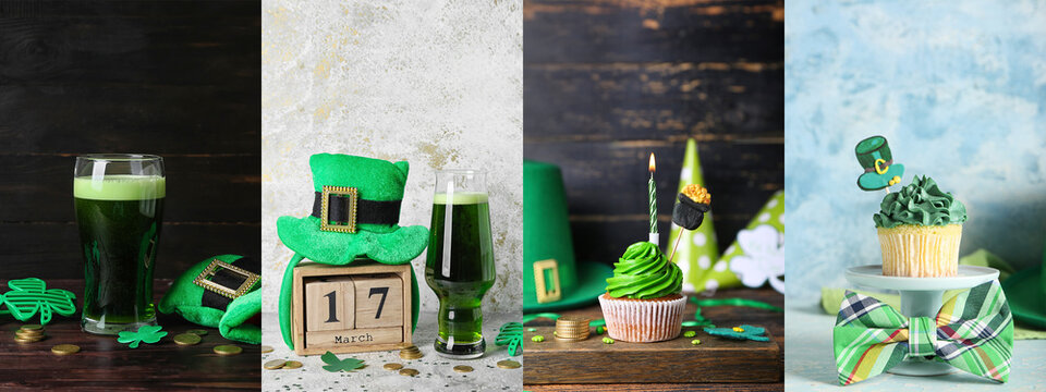 Festive collage for St. Patrick's Day celebration with tasty cupcakes, glasses of green beer and calendar