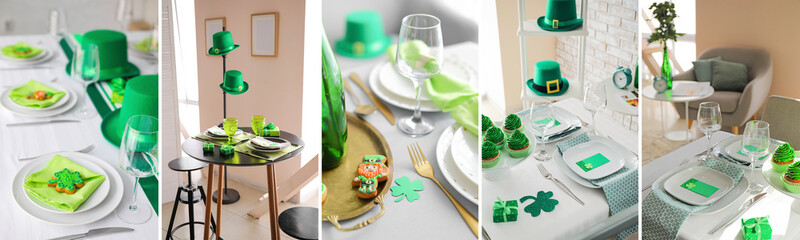 Festive collage for St. Patrick's Day celebration with stylish table settings in dining room