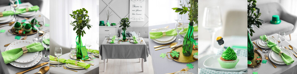 Festive collage for St. Patrick's Day celebration with stylish table setting in dining room