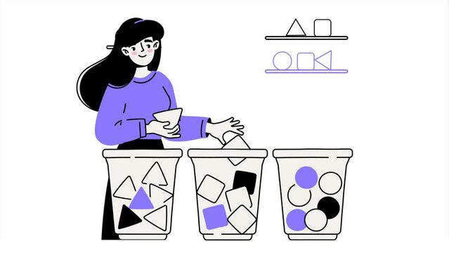 Sorting different geometric figures. Young woman puts squares, triangles and circles into different boxes or containers. Educational or recreational game. Flat graphic animated cartoon