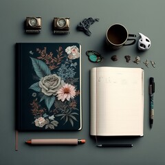 notebook flat lay with coffee and pencil