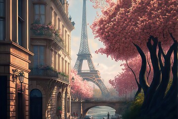 Romantic Vacations on France, Enjoying the French Spring Love Under the Eiffel Tower, Generative AI
