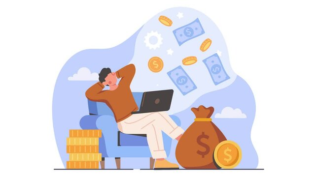 Profit or income concept. Moving male freelancer or entrepreneur with laptop sits on armchair, completes projects and gets big salary. Character surrounded by money. Flat graphic animated cartoon