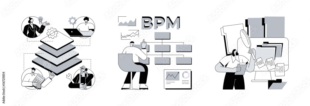 Poster corporate software abstract concept vector illustration set. enterprise architecture, business proce