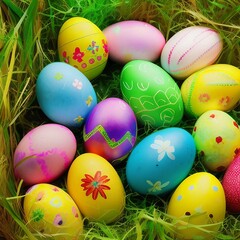 Fototapeta na wymiar Colorful Pastel Easter Eggs in a Basket with Grass
