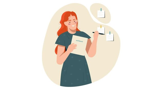 Person writing notes. Moving girl holds pen and notepad and makes reminders for efficient work and memorization. Business appointments and to do list on sticky note. Flat graphic animated cartoon