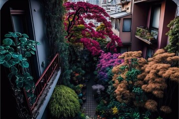 Fototapeta na wymiar A Balcony full of beautiful flowers in spring in the city, showing the beautiness of the plants and vegetables between and inside the buildings, generative ai