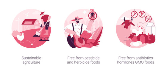 Sustainable organic agriculture abstract concept vector illustration set. Free from pesticide and herbicide, antibiotics hormones GMO food, farming process, ecology oriented growing abstract metaphor.