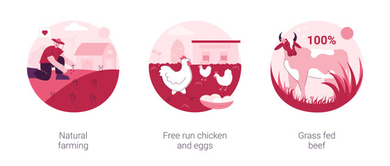 Ecological farming abstract concept vector illustration set. Natural farming, free run chicken and eggs, grass fed beef, sustainable agriculture, food labeling, antibiotics free abstract metaphor.