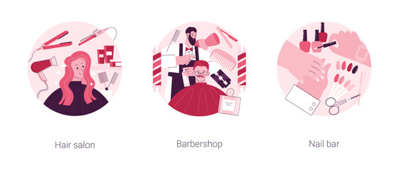 Beauty salon abstract concept vector illustration set. Hair salon, barbershop, nail bar, Haircut service, beard shaving, nail polish, french manicure, hairstylist chair and scissors abstract metaphor.
