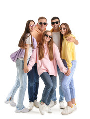 Group of happy friends in sunglasses on white background