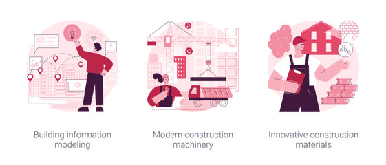 Construction technology innovation abstract concept vector illustration set. Building information modeling, modern construction machinery, new construction material, heavy equipment abstract metaphor.