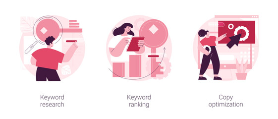 Professional SEO service abstract concept vector illustration set. Keyword research service and page ranking, copy optimization, successful web campaign, search engine, website abstract metaphor.