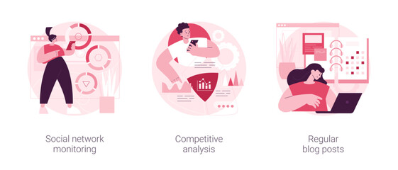 Marketing and PR abstract concept vector illustration set. Social network monitoring, competitive analysis, regular blog posts, brand reputation, startup business consultant abstract metaphor.