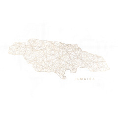 Low poly map of Jamaica. Gold polygonal wireframe. Glittering vector with gold particles on white background. Vector illustration eps 10.