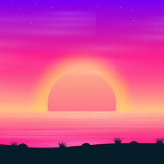 Gradient beach sunset landscape. vector summer background with sunset. illustration
