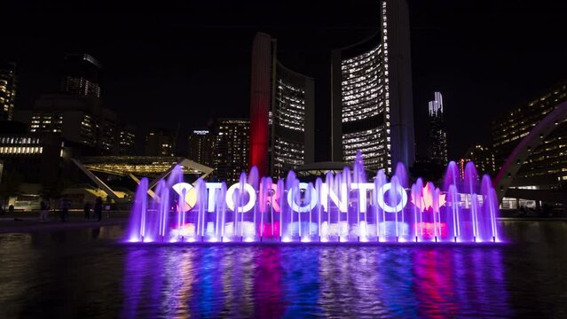 Timelapse of Toronto city sign at popular tourist spot in Nathan Philips Square at night