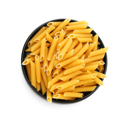 Plate of raw penne pasta on white background