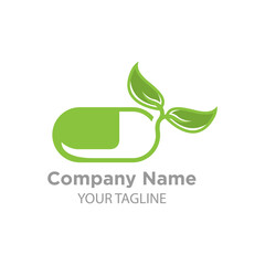 Capsule pharmacy medical logo template vector. Logo with nature or leaf with blue and green color.