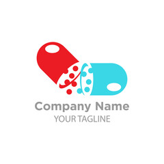 Capsule pharmacy medical logo template vector. Logo with nature or leaf with blue and green color.