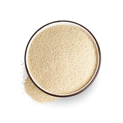 Bowl of amaranth seeds on white background