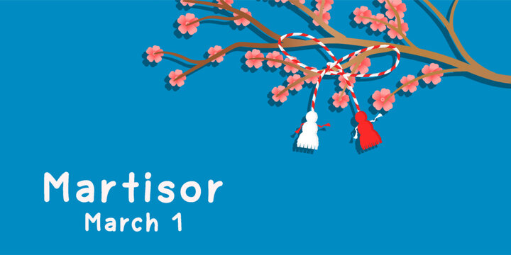flat design martisor illustration horizontal banner with branch and flowers