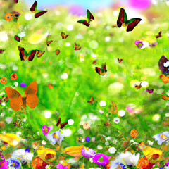 Obraz na płótnie Canvas Generative AI image of butterflies and flowers illustration in a meadow with blue clouds and sky for summer and spring 