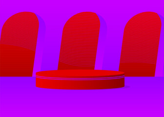 Mockup product display. Abstract red and purple vector 3D room. Stage showcase, cylinder pedestal podium for presentation. Futuristic Sci-fi geometric forms, empty scene.