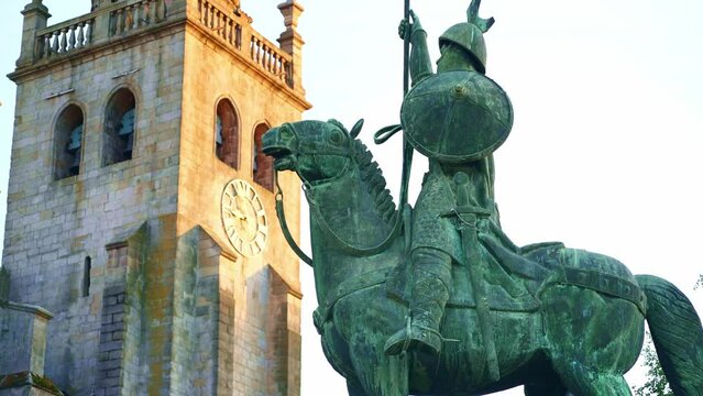 Equestrian statue of Vimara Peres in front of Porto Cathedral called Se Cathedral in Porto city, Portugal