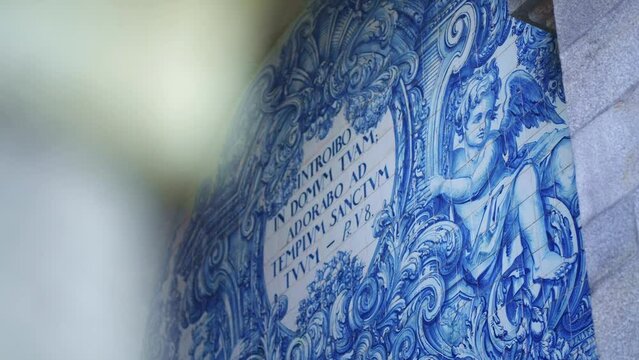 Famous Azulejo wall tile in San Bentro station, Porto. famous landmark in Portugal. Portuguese decorative ceramic tiles, azulejos.