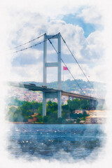 Istanbul, Bosphorus Strait, View of the Asian part of the city and a bridge from the pier Ortakoy