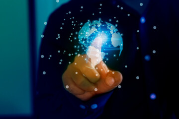 Hand touching hologram for modern global technology business growth planning finance and science