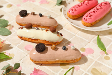 Plate with delicious eclairs and beautiful flowers on light background