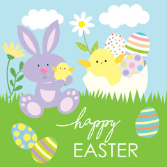 Obraz na płótnie Canvas easter card with bunny, chick and eggs