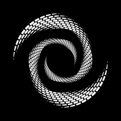 White halftone dots in spiral form. Segmented circle. Helix. Geometric art. Circular shape. Trendy design element for border frame, round logo, tattoo, sign, symbol, web pages, prints