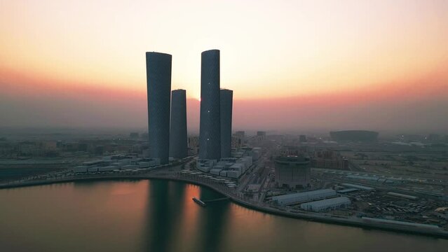 Drone shot of Lucail Towers in Qatar at sunset