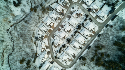 A forest and creek winding by suburban houses in the winter