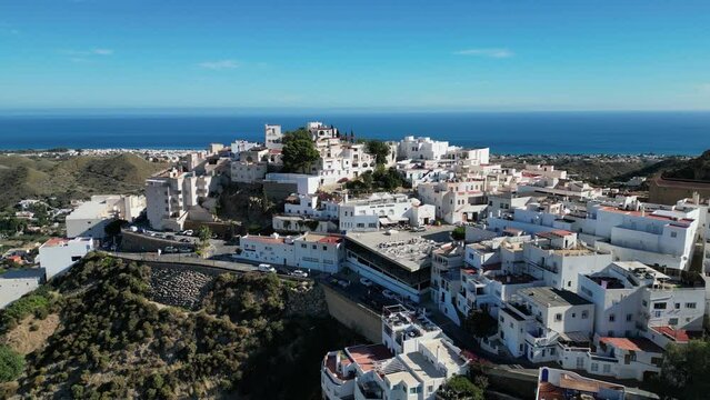 Mojacar White Coastal Village on Top of a Hill in Almeria, Andalusia, Spain - Aerial 4k